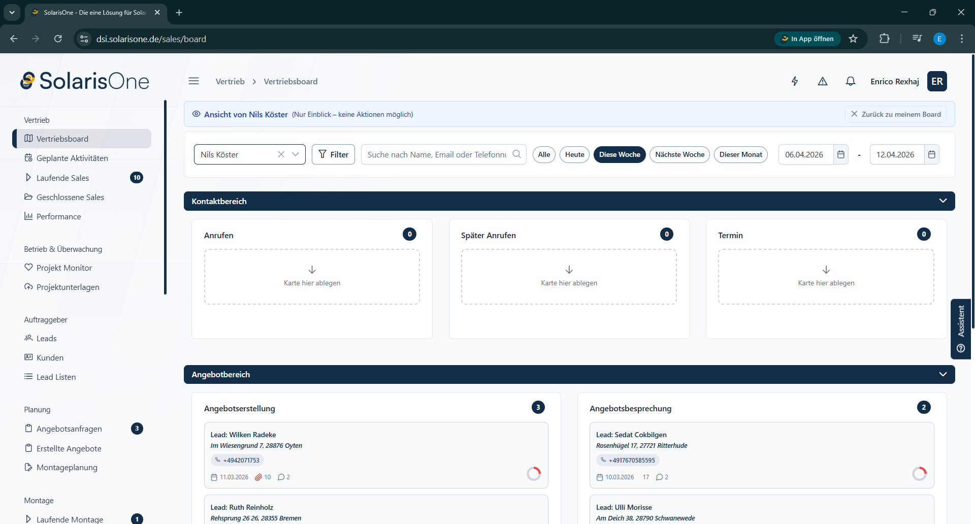 SolarisOne Vertriebsboard